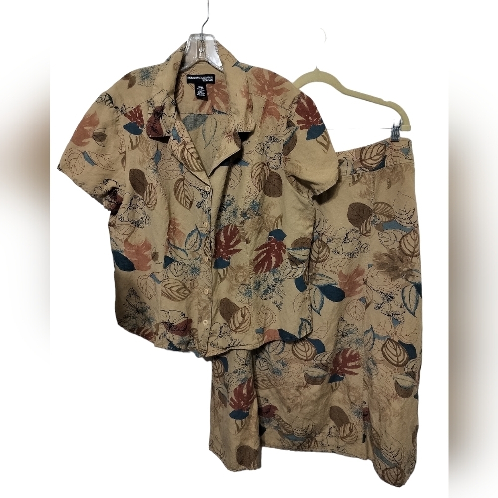2447)Norton McNaughton 2 pcs Linen Blend Leaf print Blouse & Skirt set Sz 18W